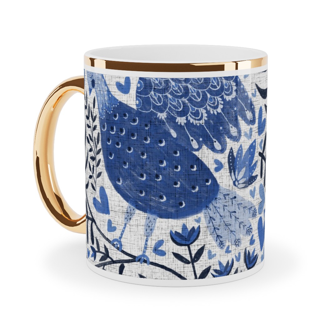 Scandinavian Birds - Indigo Blue Ceramic Mug, Gold Handle, , 11oz, Blue, True Blue