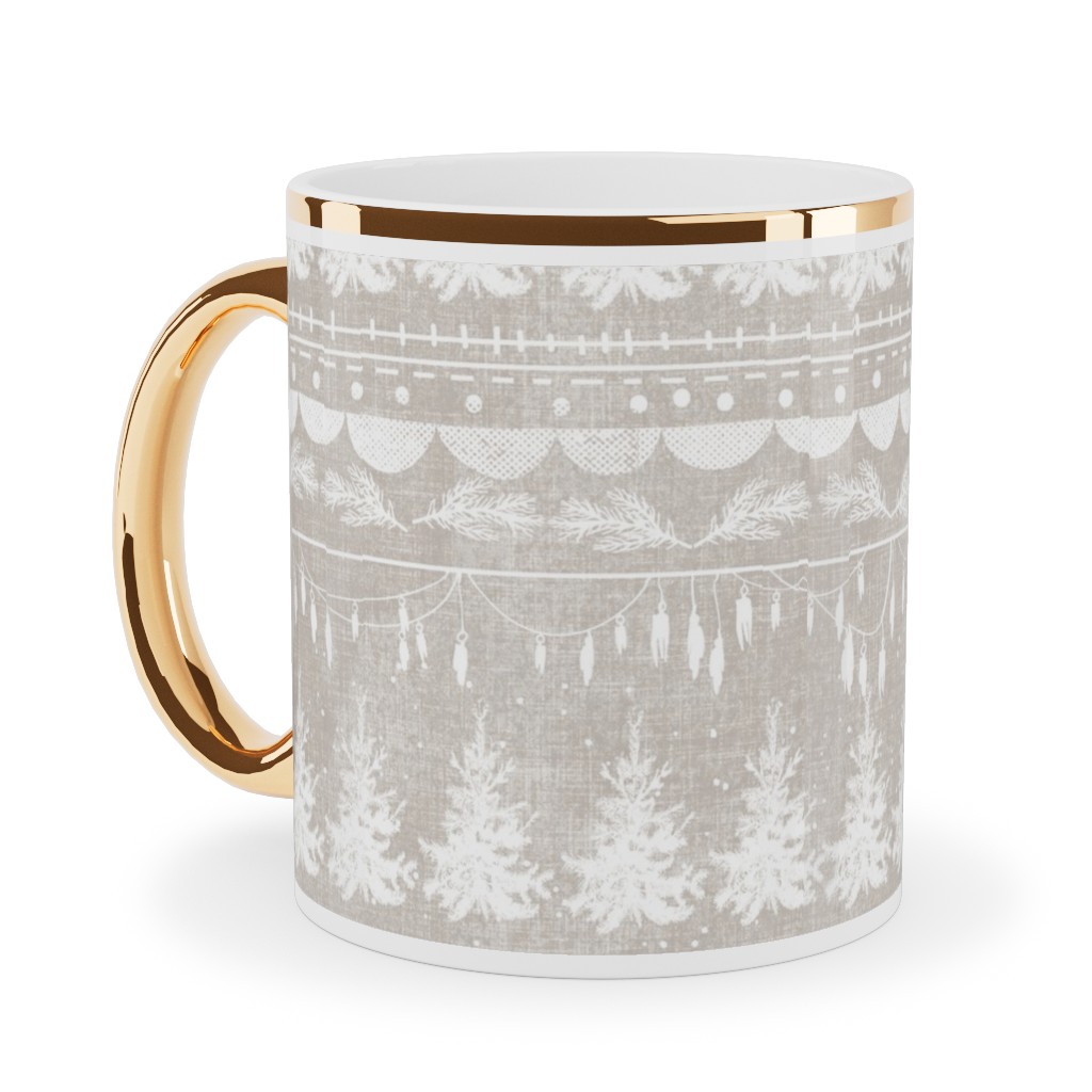Vintage Christmas Stripe Ceramic Mug, Gold Handle, , 11oz, Gray, Pebble