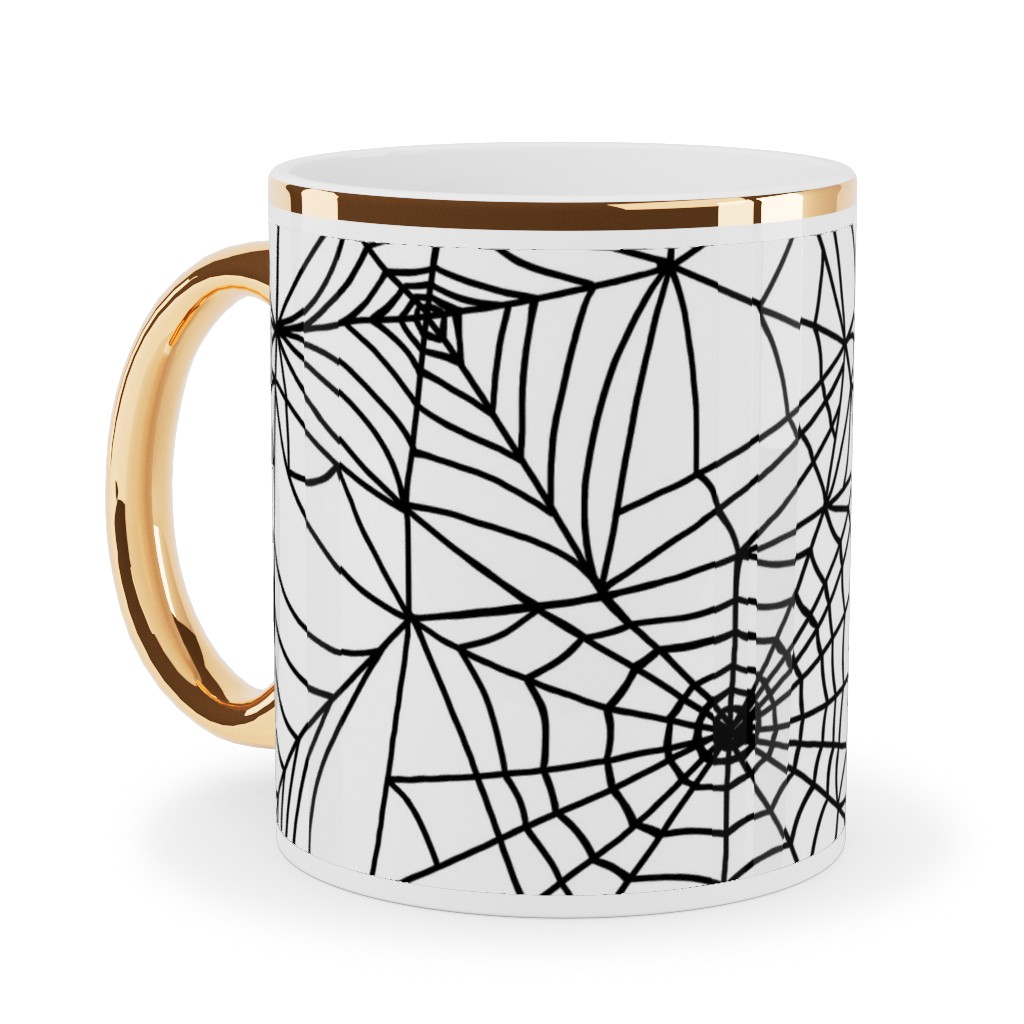 Spooky Spider Web Ceramic Mug, Gold Handle, , 11oz, White, White