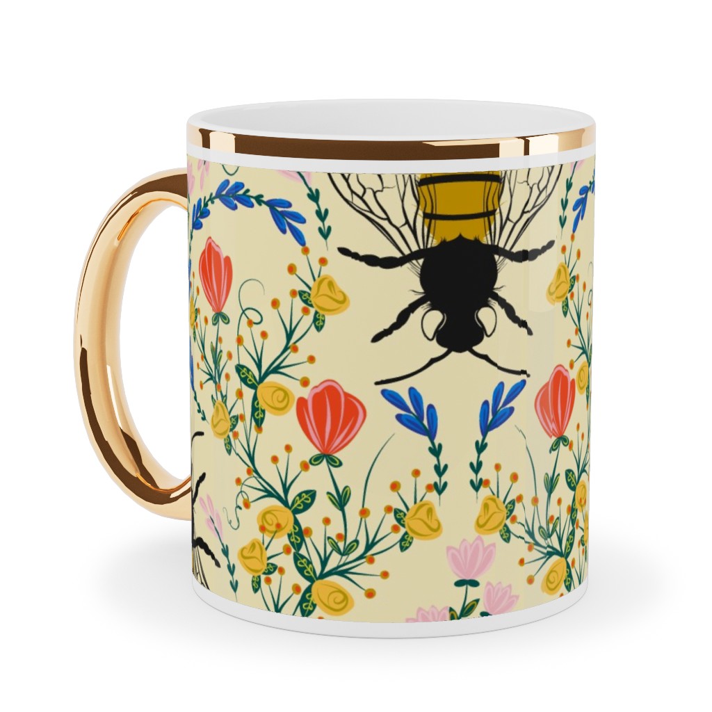 Bee Garden - Multi on Cream Ceramic Mug, Gold Handle, , 11oz, Yellow, Classic Yellow