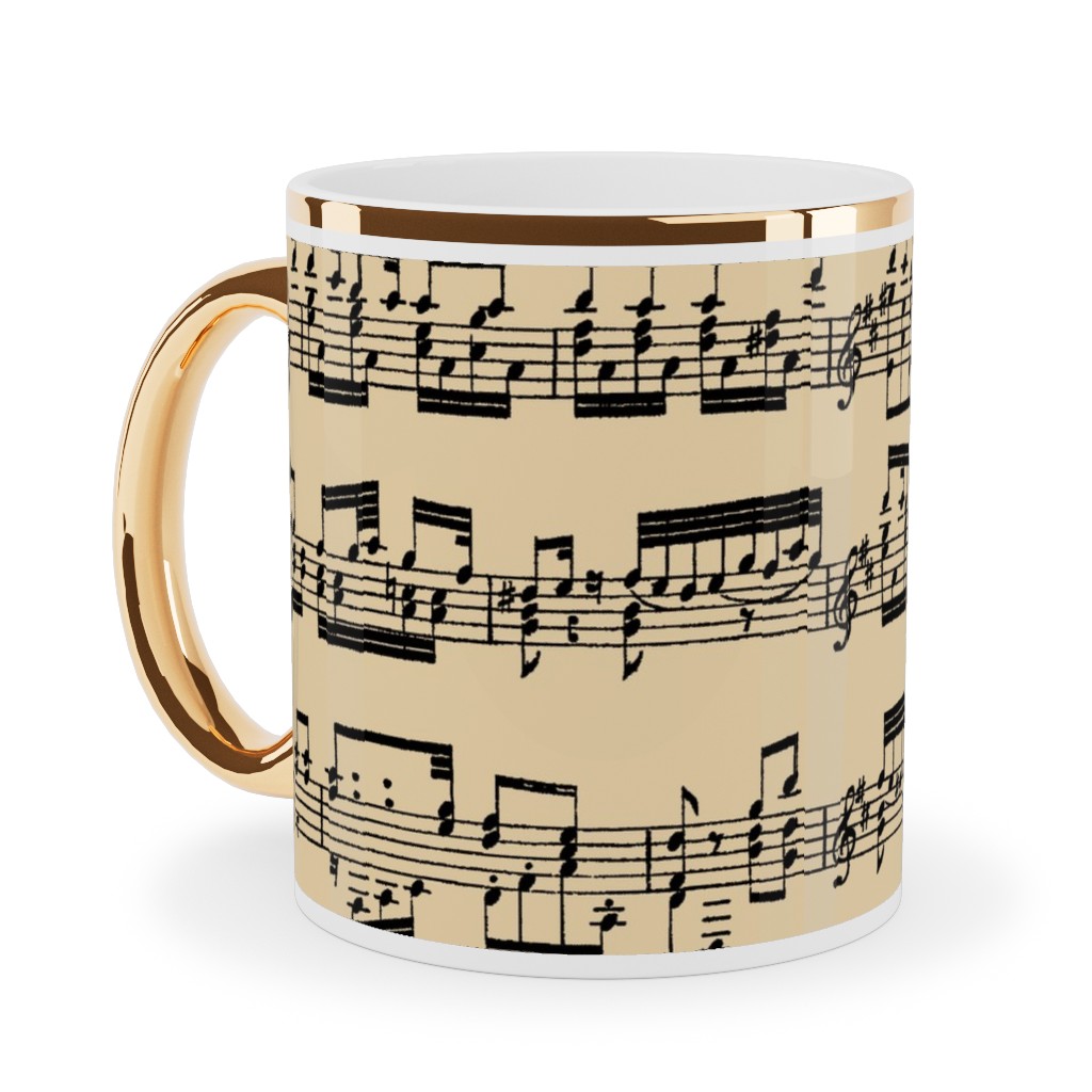 Sheet Music Ceramic Mug, Gold Handle, , 11oz, Yellow, Champagne