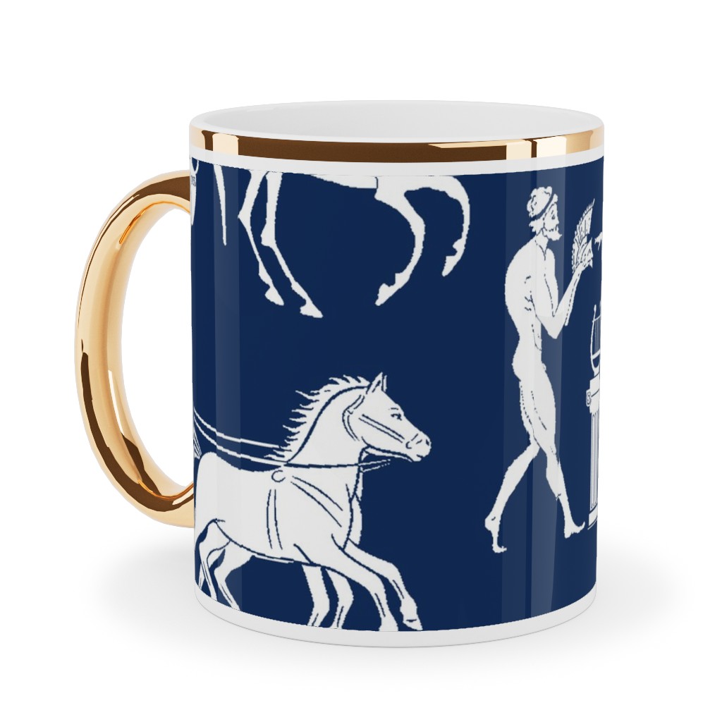 Greek Figures Ceramic Mug, Gold Handle, , 11oz, Blue, Navy