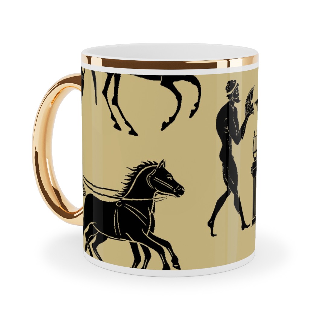 Greek Figures Ceramic Mug, Gold Handle, , 11oz, Yellow, Champagne