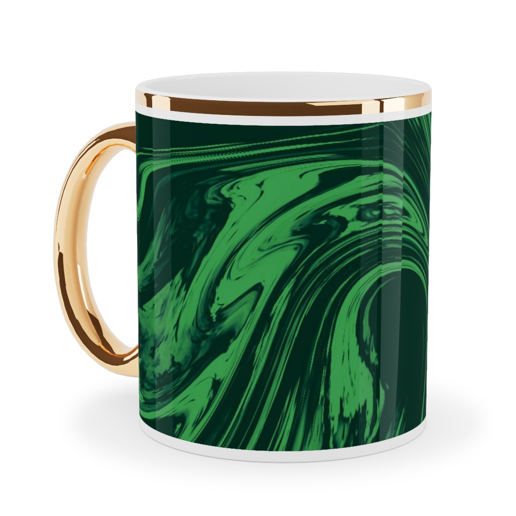 Marbled Paper - Deep Emerald Ceramic Mug, Gold Handle, , 11oz, Green, Classic Green