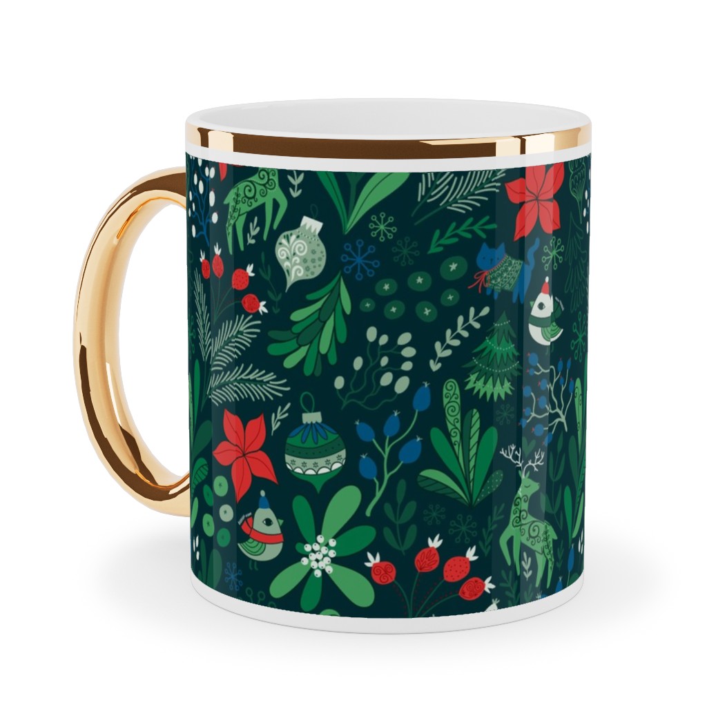 Merry Christmas Floral - Dark Ceramic Mug, Gold Handle,  , 11oz, Green