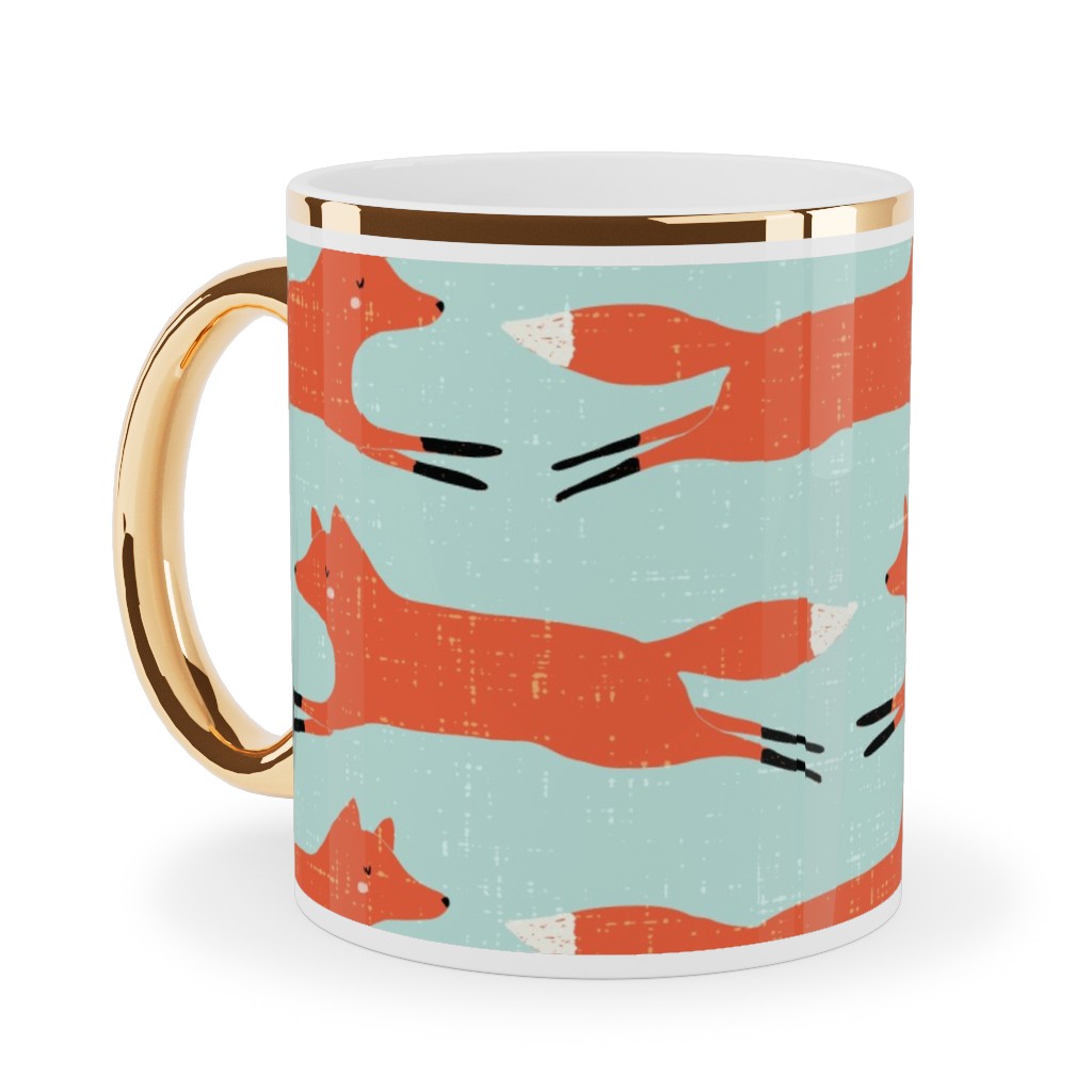 Little Orange Fox - Orange and Green Ceramic Mug, Gold Handle,  , 11oz, Orange