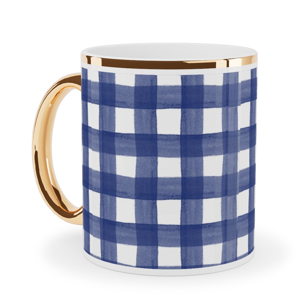 Watercolor Gingham - Navy Blue Ceramic Mug, Gold Handle,  , 11oz, Blue