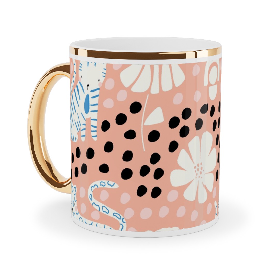 Jungle Cats - Pink Ceramic Mug, Gold Handle,  , 11oz, Pink