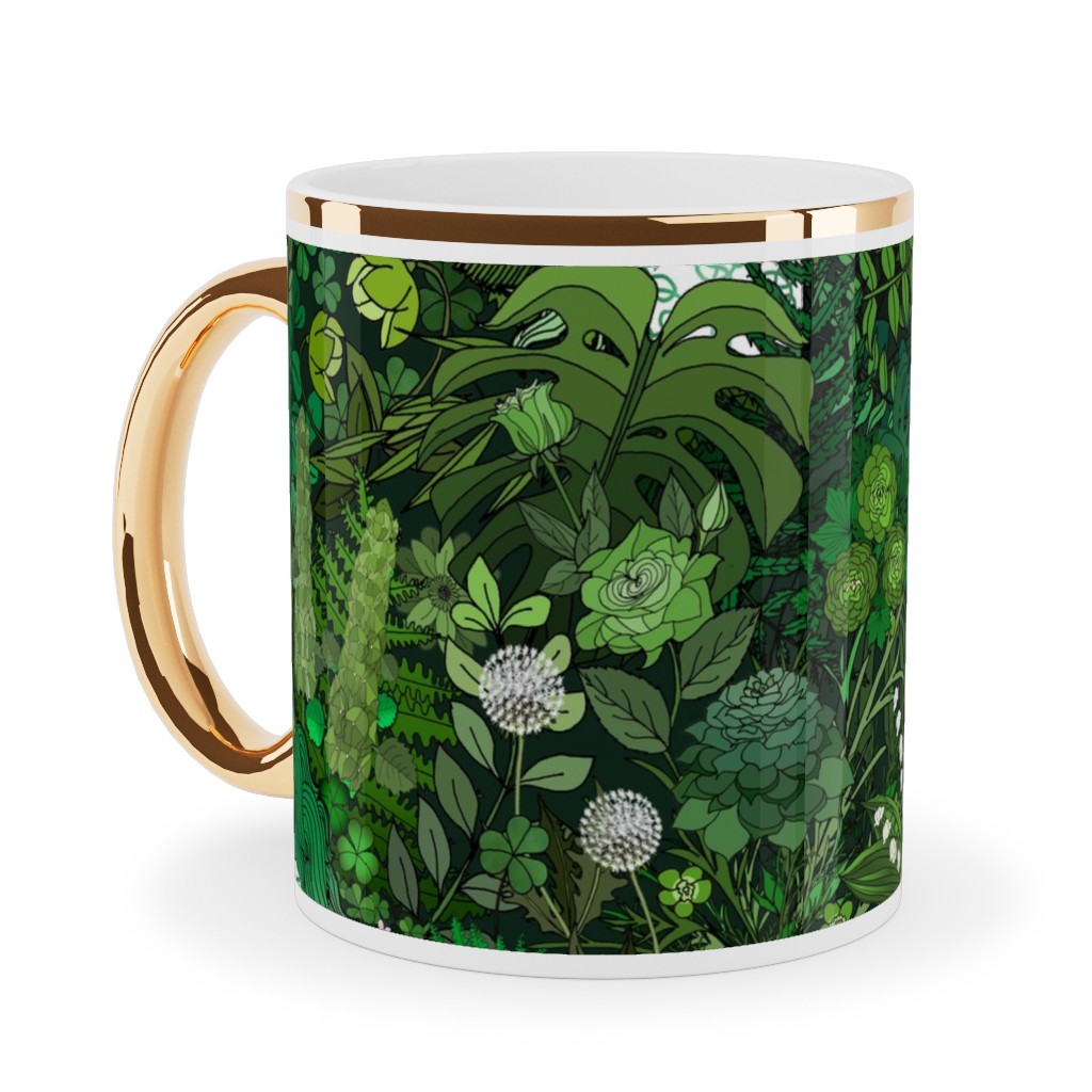 Irish Unicorn in a Green Garden Ceramic Mug, Gold Handle, , 11oz, Green, Classic Green