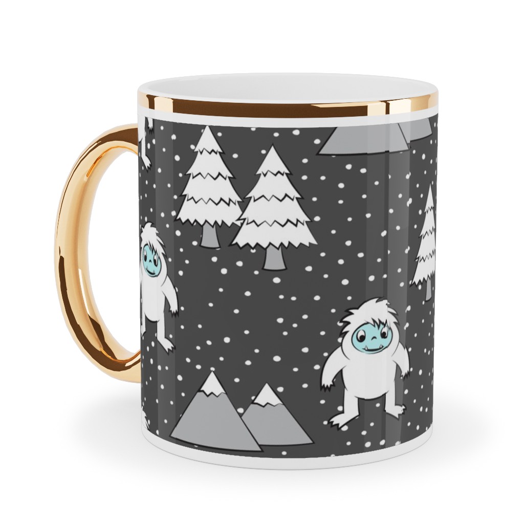Yetti Tree Mountains - Gray Ceramic Mug, Gold Handle, , 11oz, Gray, Gray
