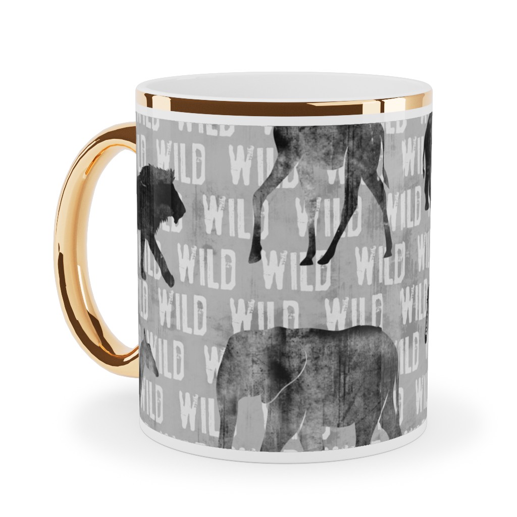 Wild Safari Animals - Grey Ceramic Mug, Gold Handle,  , 11oz, Gray