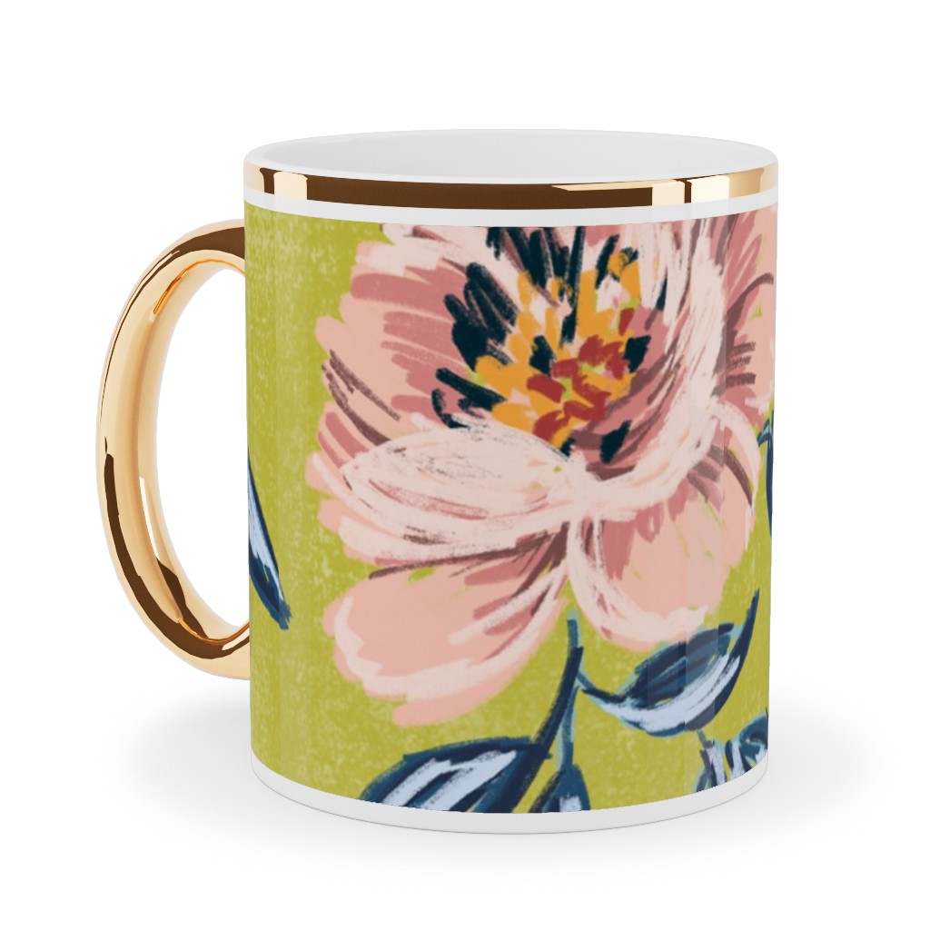 Pink Peonies Ceramic Mug, Gold Handle, , 11oz, Green, Classic Green