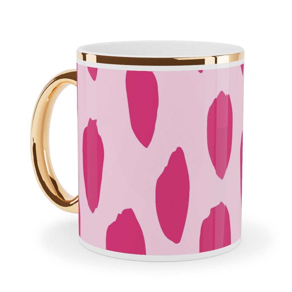 Brushstrokes - Fuchsia and Light Pink Ceramic Mug, Gold Handle,  , 11oz, Pink