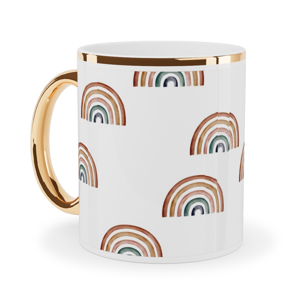 Scattered Rainbows - Multi Ceramic Mug, Gold Handle, , 11oz, White, White