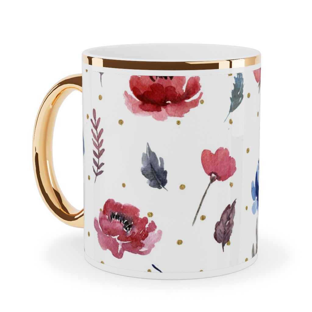 American Glory Flowers With Gold Dots - Multi Ceramic Mug, Gold Handle,  , 11oz, Red