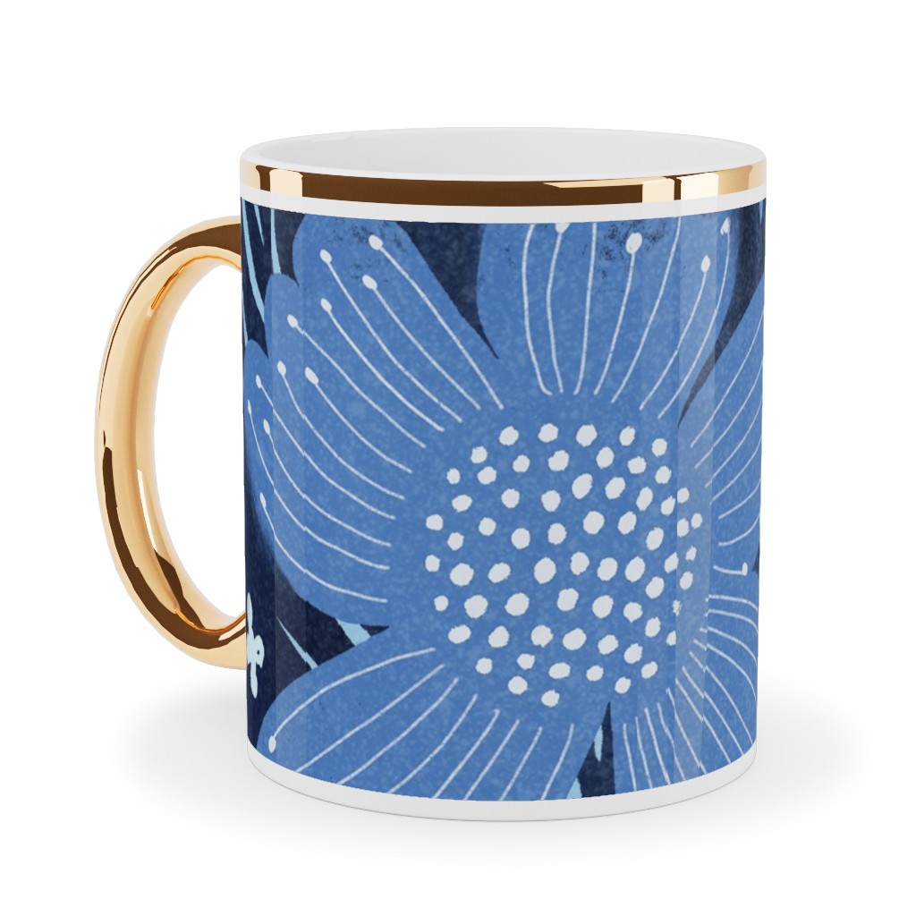 Shibori Flower Abundance - Blue Ceramic Mug, Gold Handle, , 11oz, Blue, True Blue
