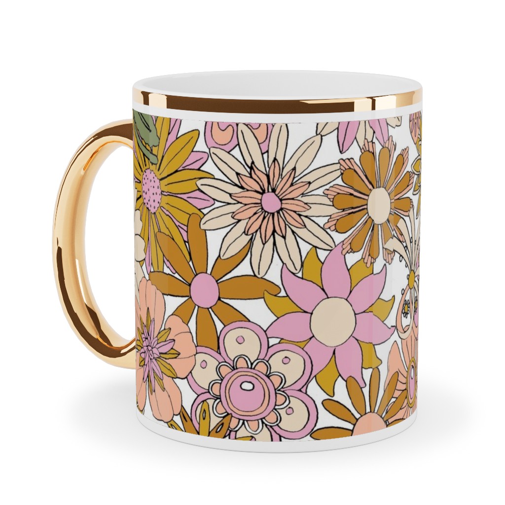 Chelsea Vintage Floral Garden - Pink Ceramic Mug, Gold Handle,  , 11oz, Pink