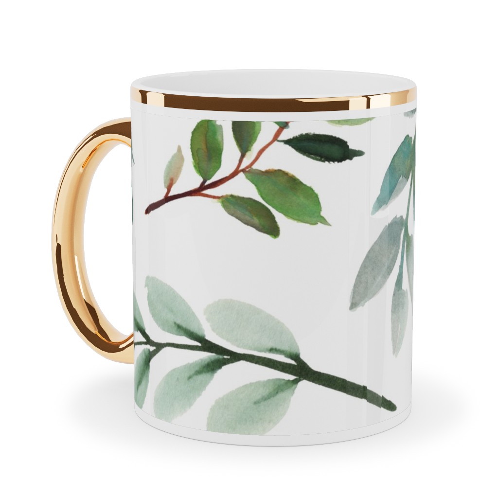 Paprika Floral Greenery Leafs - Green Ceramic Mug, Gold Handle, , 11oz, Green, Classic Green