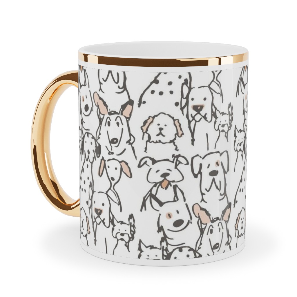 Peach Pop Doodle Dogs - Black and White Ceramic Mug, Gold Handle, , 11oz, White, White