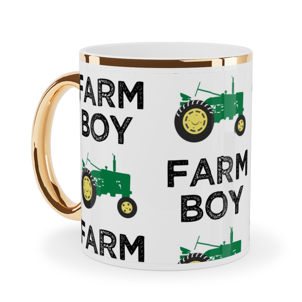 Farm Boy - Tractor Green Ceramic Mug, Gold Handle,  , 11oz, Green