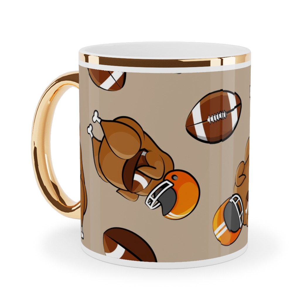 Football Turkey With Helmet and Football - Orange on Tan Ceramic Mug, Gold Handle, , 11oz, Beige, Pearl