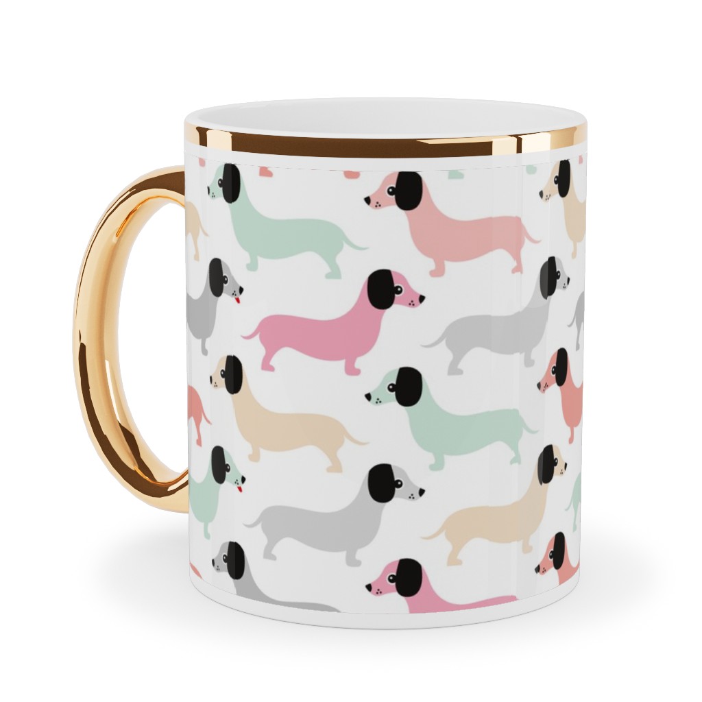 Retro Dachshund Dogs Ceramic Mug, Gold Handle, , 11oz, Pink, Light Pink