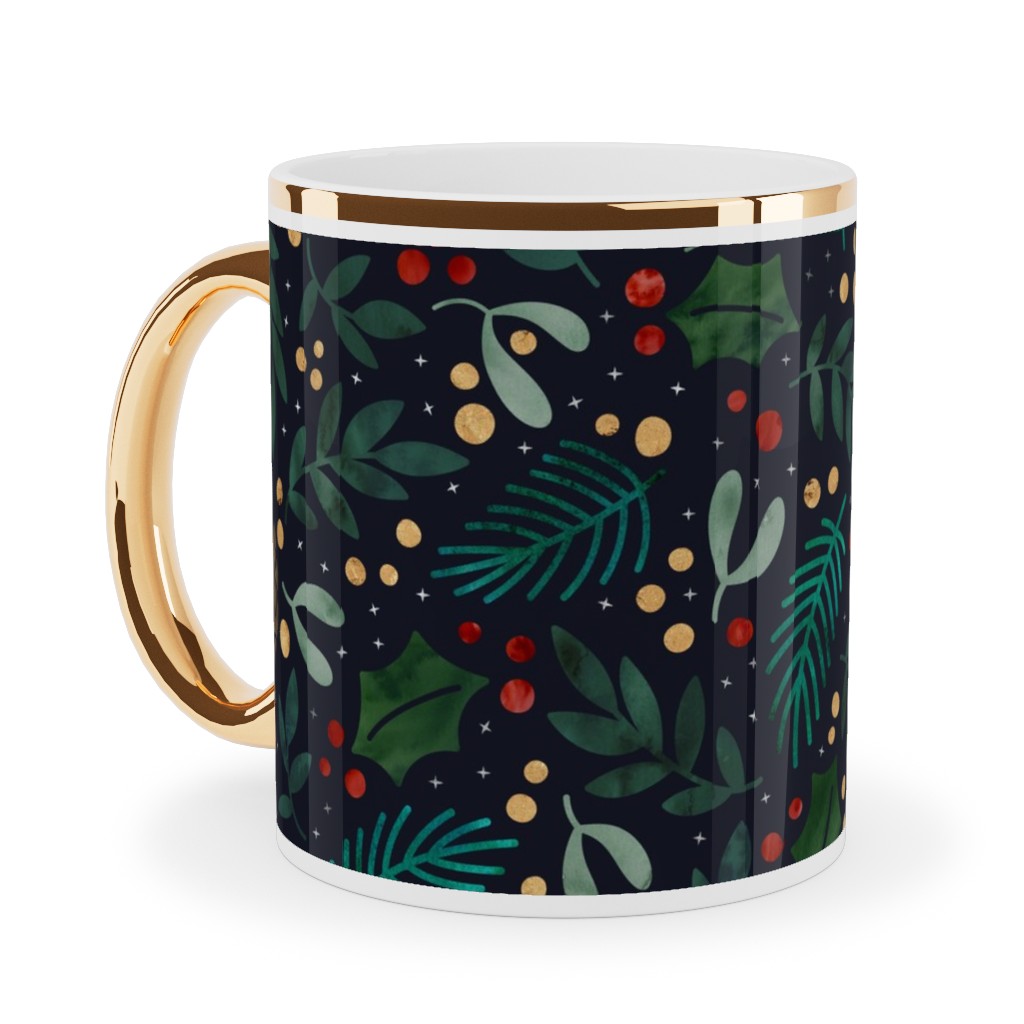 Christmas Florals - Dark Green Ceramic Mug, Gold Handle,  , 11oz, Green