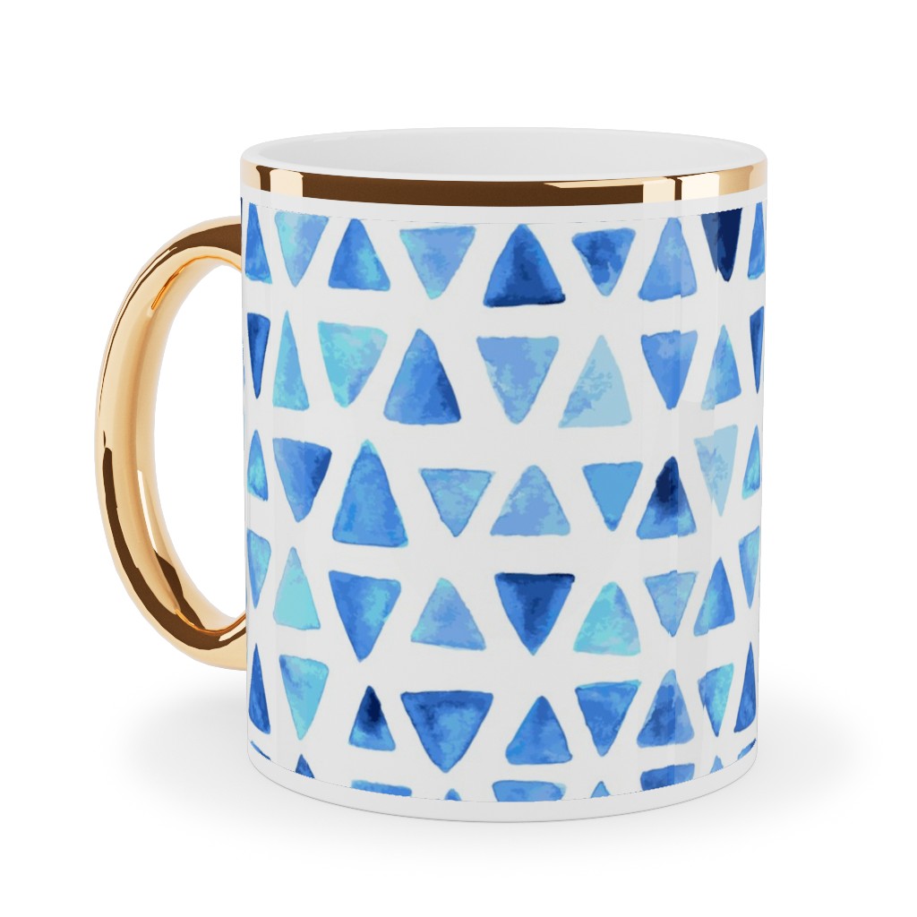 Watercolor Triangles - Blue Ceramic Mug, Gold Handle, , 11oz, Blue, True Blue