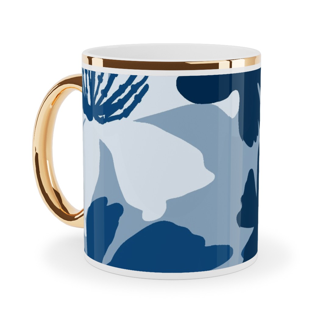 Barely Blue Floral Ceramic Mug, Gold Handle, , 11oz, Blue, True Blue