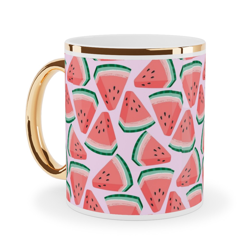Watermelon Slices - Pink Ceramic Mug, Gold Handle, , 11oz, Pink, Bright Pink