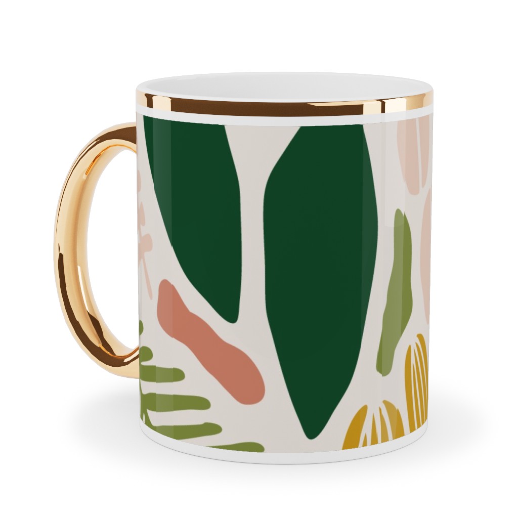 Tropical Adventure Woodcut - Multi Ceramic Mug, Gold Handle,  , 11oz, Multicolor