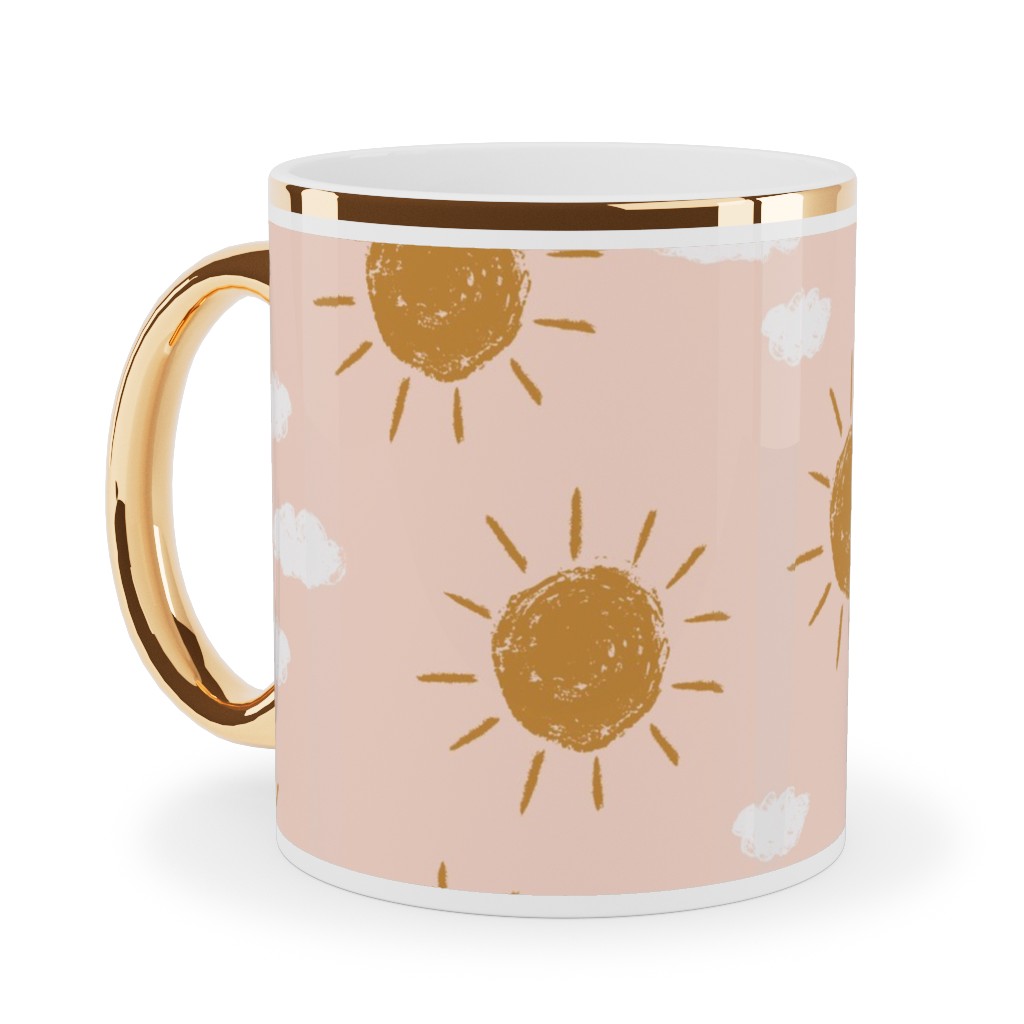 Little Golden Sun - Pink Ceramic Mug, Gold Handle, , 11oz, Pink, Bright Pink