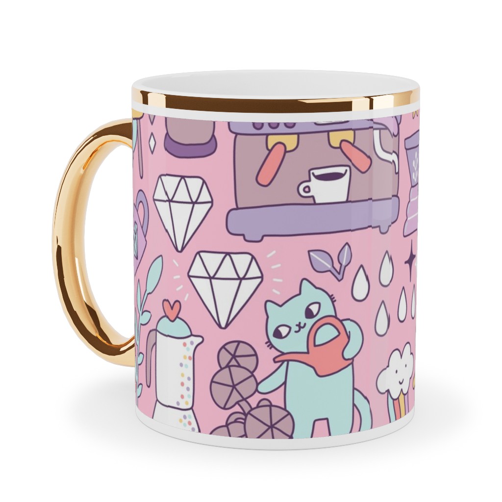Cute Cats - Multicolor Pastel Ceramic Mug, Gold Handle, , 11oz, Pink, Bright Pink