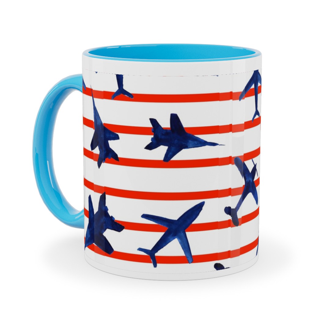 Patriotic Airplanes Watercolor - Blue With Red Stripes Ceramic Mug, Light Blue, , 11oz, Blue, True Blue