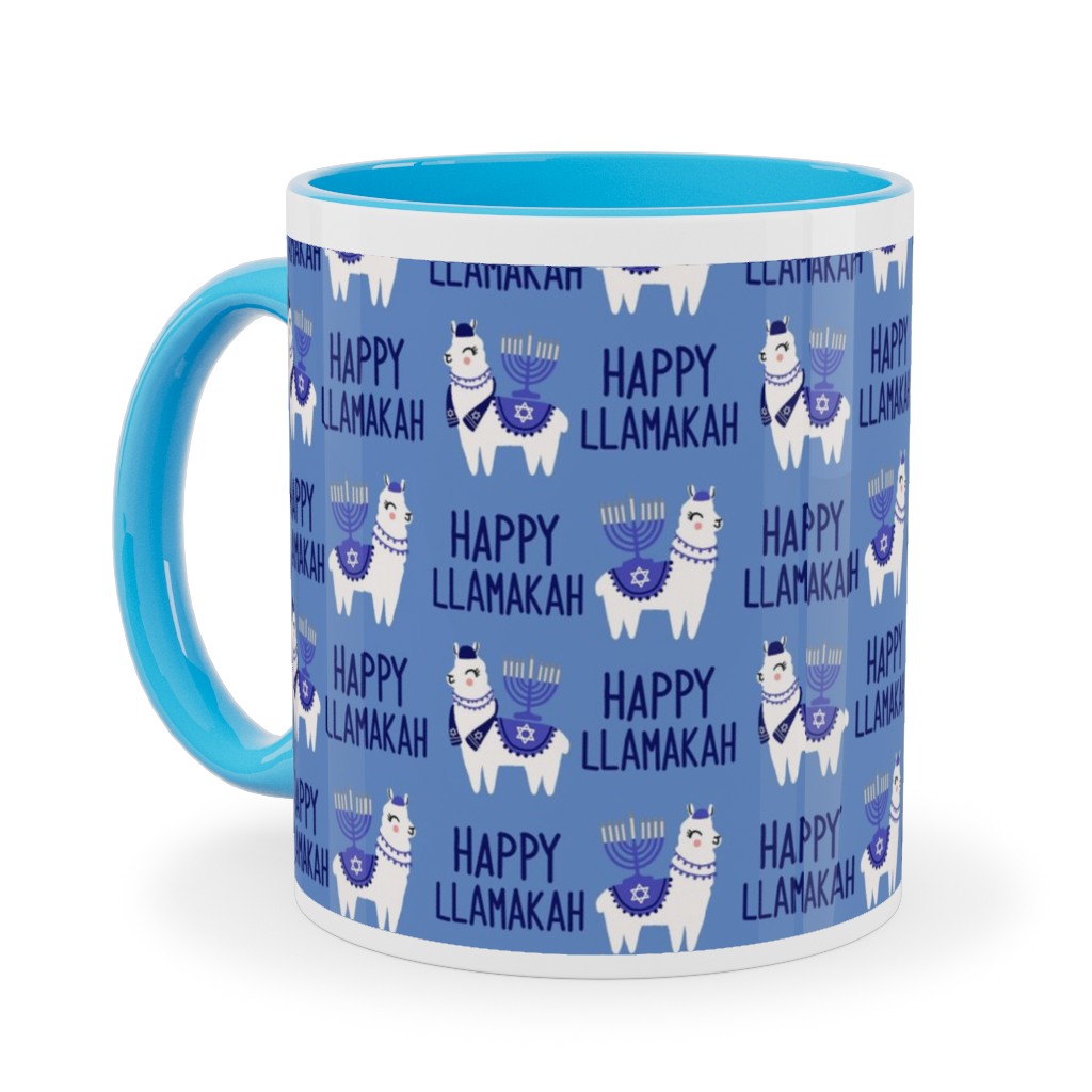 Happy Llamakah - Blue Ceramic Mug, Light Blue,  , 11oz, Blue