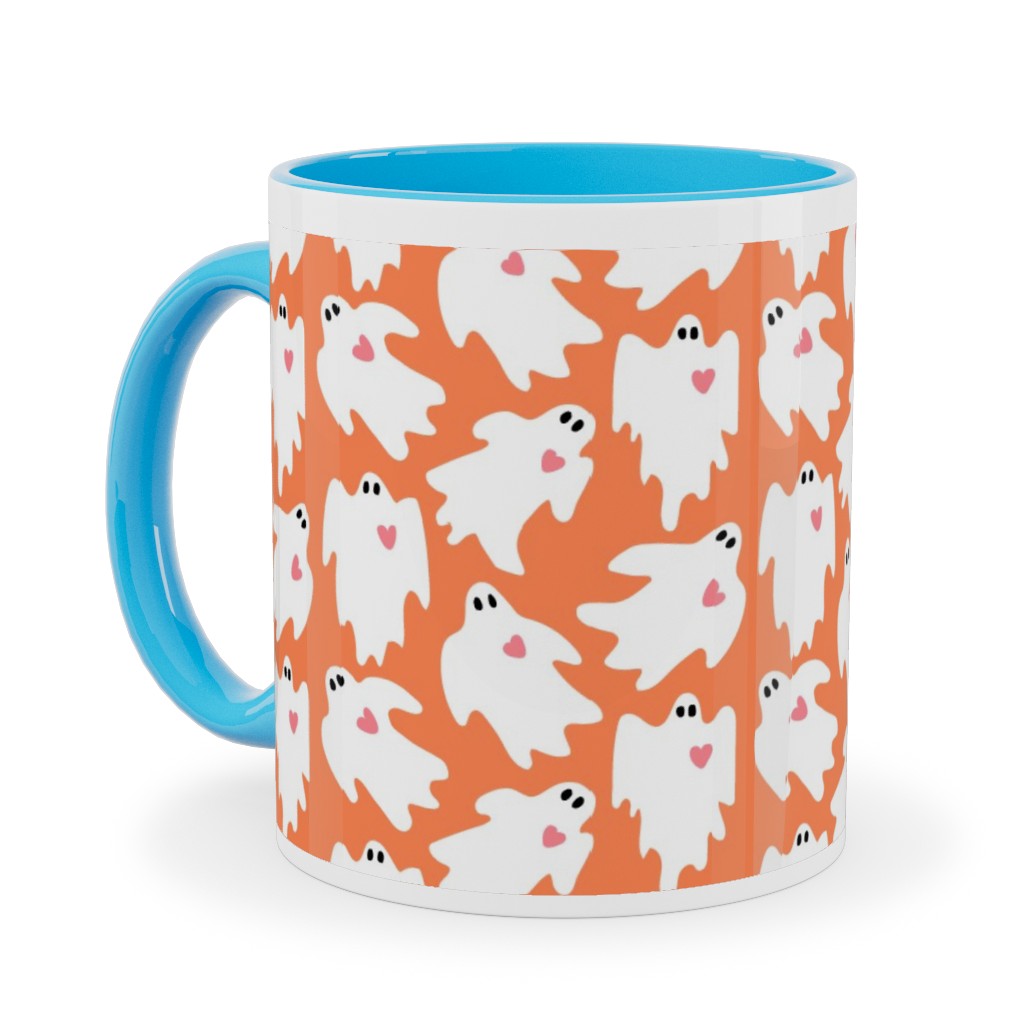 Halloween Ghosts With Hearts on Black Ceramic Mug, Light Blue, , 11oz, Orange, Orange