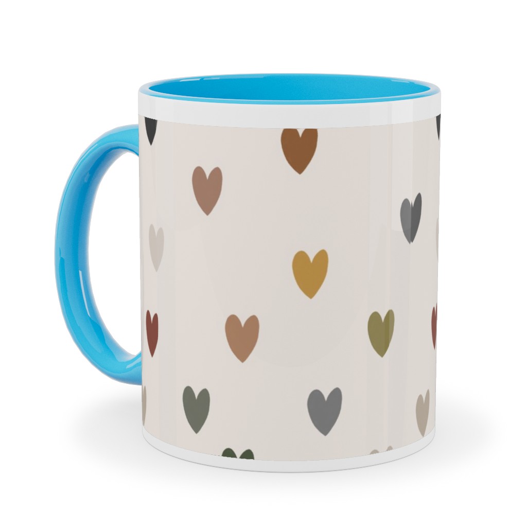 Earthy Colored Hearts - Multi Muted Ceramic Mug, Light Blue, , 11oz, Beige, Pearl