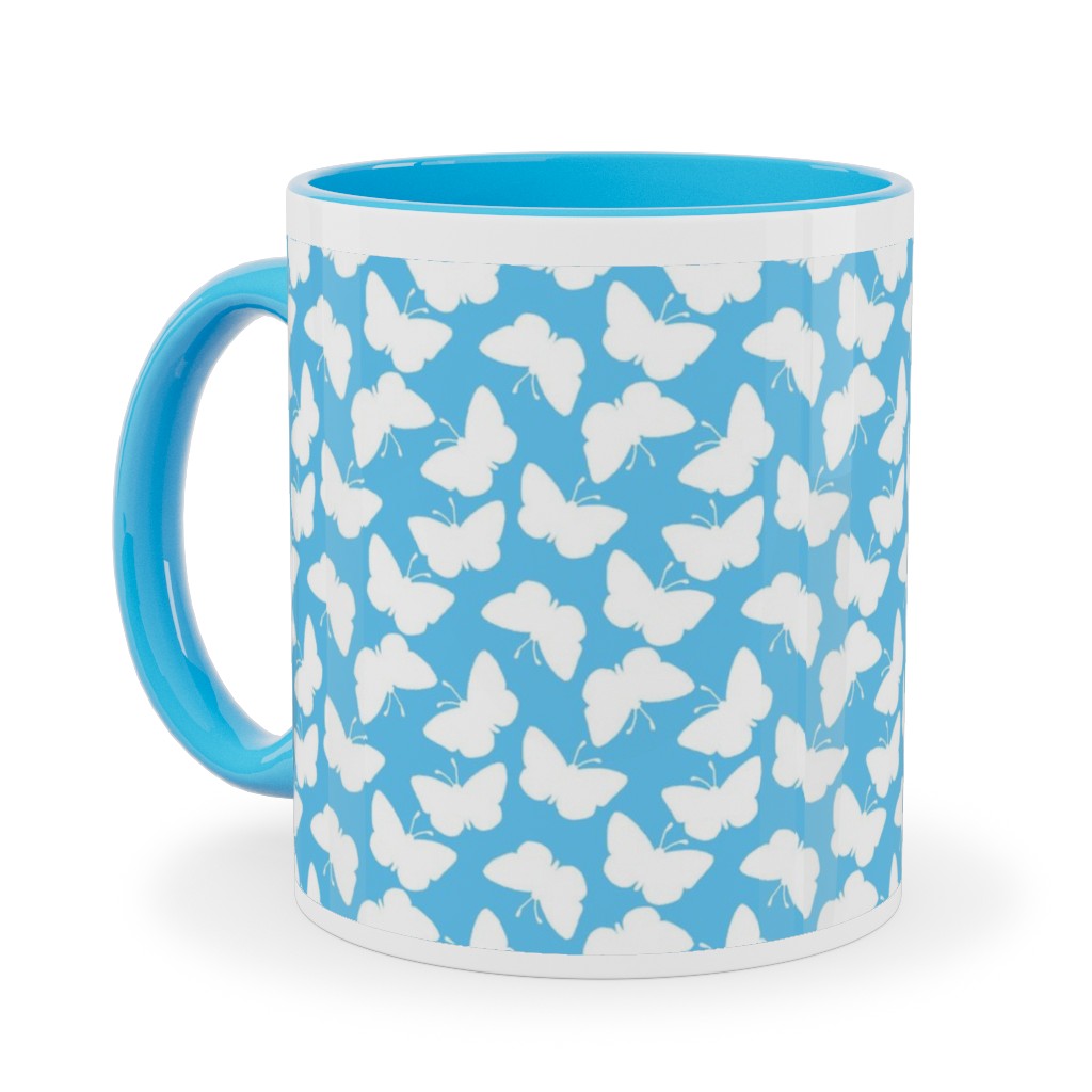 Butterflies - White on Blue Ceramic Mug, Light Blue, , 11oz, Blue, True Blue