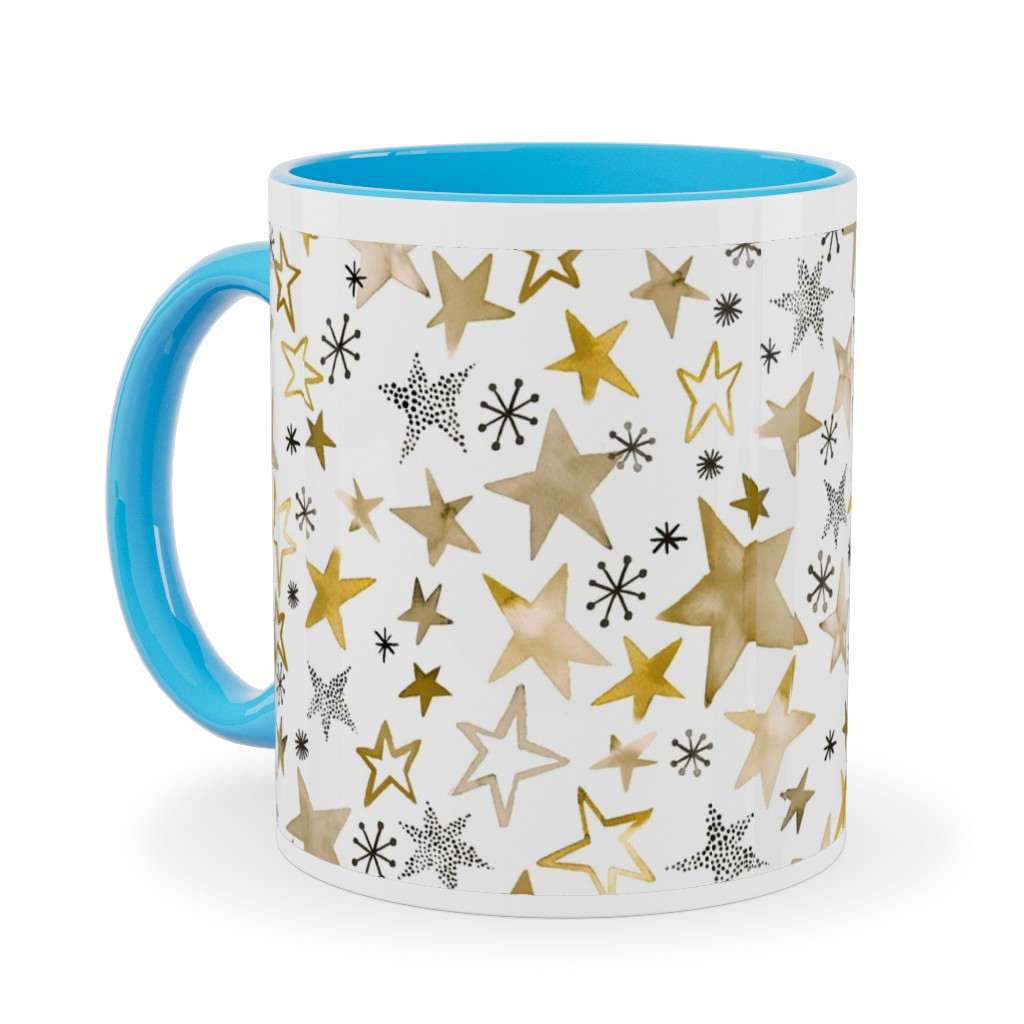 Winter Stars Christmas - Gold Ceramic Mug, Light Blue, , 11oz, Yellow