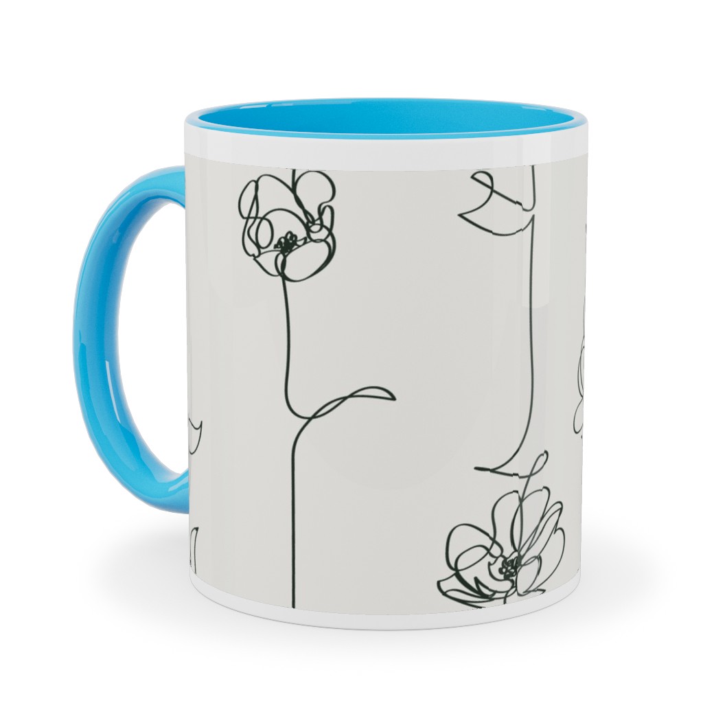 One Line Floral - Light Ceramic Mug, Light Blue,  , 11oz, White