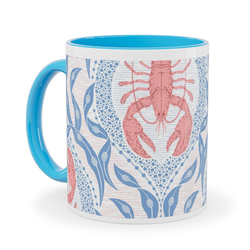 Lobster and Seaweed Nautical Damask - White, Coral Pink and Cornflower Blue Ceramic Mug, Light Blue, , 11oz, Blue, True Blue