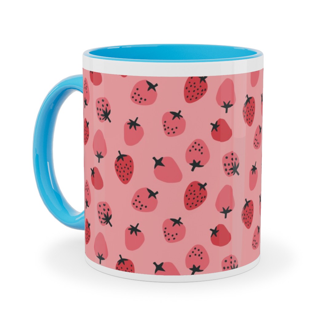 Red Strawberries - Pink Ceramic Mug, Light Blue,  , 11oz, Pink