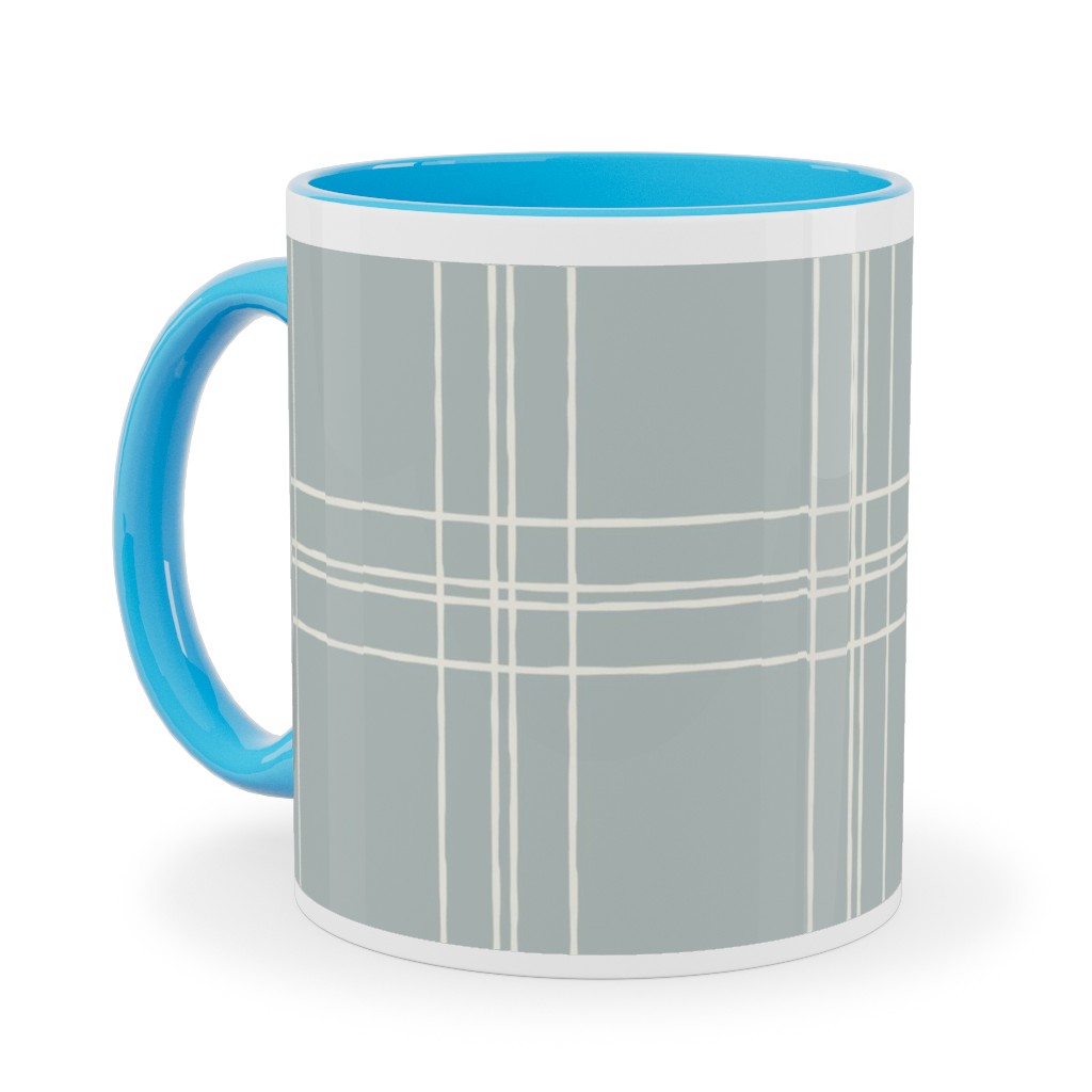 Lined Linens - Quad Plaid - Ivory, Blue Ceramic Mug, Light Blue,  , 11oz, Blue