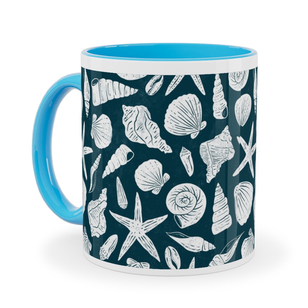 Textured Ocean Seashells - Dark Blue and Cream Ceramic Mug, Light Blue, , 11oz, Blue, True Blue