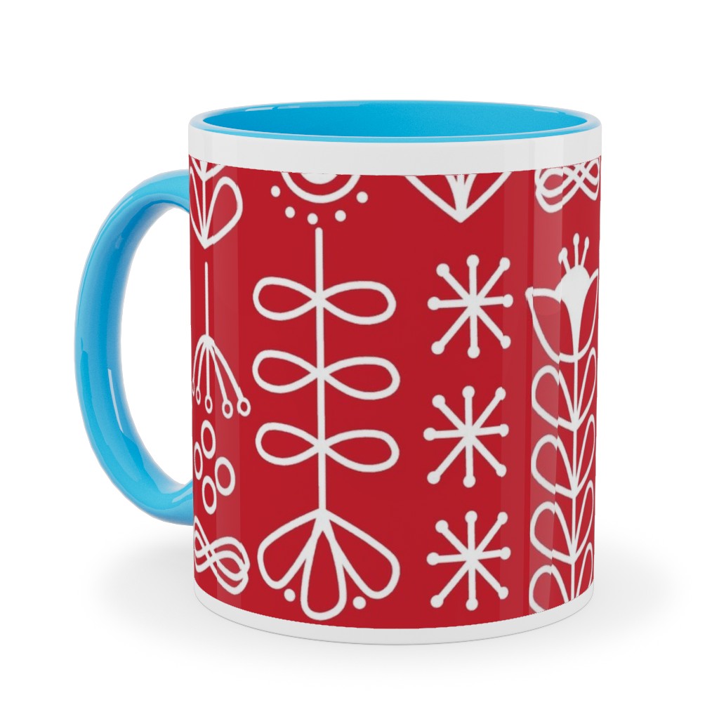 Red and White Nordic Mod Floral Ceramic Mug, Light Blue, , 11oz, Red, Red