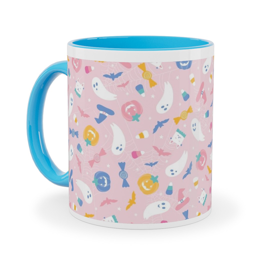 Pastel Halloween Happy Ghosts and Candy Corn Ceramic Mug, Light Blue, , 11oz, Pink, Bright Pink