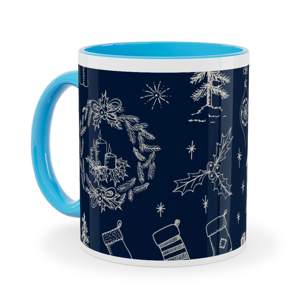 Christmas Toile - Starry Night Ceramic Mug, Light Blue,  , 11oz, Blue
