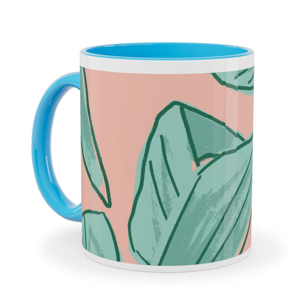 Lush Tropical Leaves - Pink and Mint Ceramic Mug, Light Blue, , 11oz, Green, Classic Green