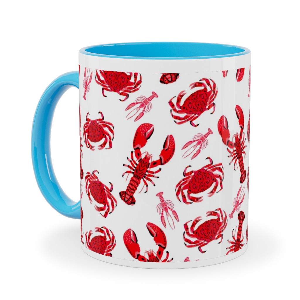 Crabs and Lobsters - Red Crustaceans on White Ceramic Mug, Light Blue, , 11oz, Red, Red