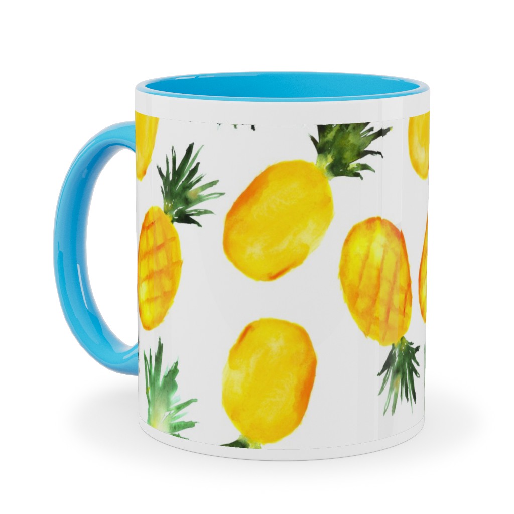 Watercolor Pineapples - Yellow Ceramic Mug, Light Blue, , 11oz, Yellow, Classic Yellow
